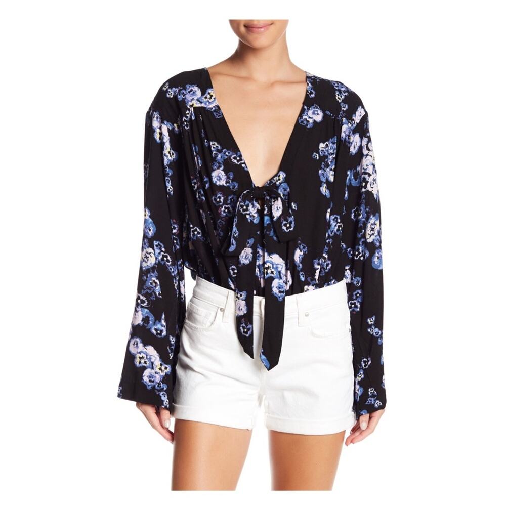 Intimately Free People Black Forties Feel Bell Sleeve Bodysuit Sz.M NWT